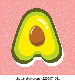 ripe avocado with pit, font abc, letter A
