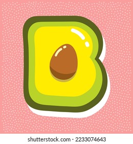 ripe avocado with pit, font abc, letter B