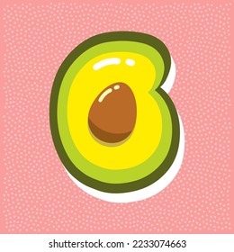 ripe avocado with pit, font abc, number 6