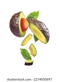 Ripe avocado slices and green leaves. Vector illustration.