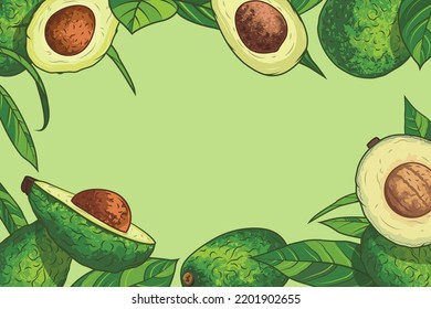 Ripe avocados whole and cut in half. Avocado with pit. Vector illustration. Poster template for shop or farm design. Healthy food. Frame for your text. Vegetarian diet. Presentation