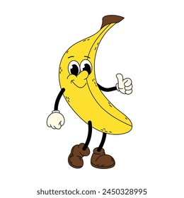 Ripe banana in flat style. Funny banana character. Cartoon retro character in flat style. Groovy character. Yellow banana.