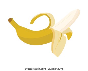 Ripe banana half peeling. Tropical purified fruit. Natural organic product. Healthy food. Summer meal. Isolated white background. Vector illustration.