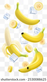 Ripe banana and ice cubes with leaves in swirl motion. Composition of whole yellow banana and half peeled banana fruits, 3D realistic vector illustration isolated on transparent background.