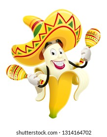 Ripe banana with maracas. Tropical fruit. Cinco de Mayo Mexico holiday. Smiling Cartoon character play music. Isolated white background. Eps10 vector illustration.