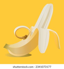 A ripe banana on half open on yellow background