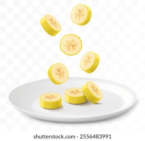 Ripe banana slices fall onto a white plate, isolated on a transparent background. Sweet banana fruits. Healthy vitamin food. Realistic 3d vector illustration