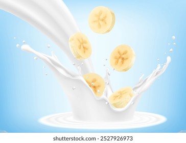 Ripe banana slices falls into a splash of yogurt or milk, cocktail splash with drops, Milkshake splash with sweet juicy fruit. Realistic 3d vector illustration