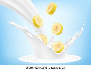 Fatias de banana madura cai em um respingo de iogurte ou leite, coquetel splash com gotas, Milkshake splash com frutas doces suculentas. Ilustração realista do vetor 3d