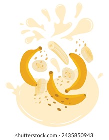 Plátano maduro con toques de jugo. Ilustración vectorial de jugo de fruta orgánica. Concepto de etiqueta ecológica para el sabor natural del plátano. Diseño de vape, jugo, batido.