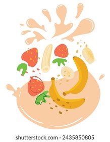 Ripe banana and strawberry with splashes of juice. Vector illustration of organic fruit juice. Eco label concept for natural banana and strawberry flavor. Design of vape, juice, smoothie.