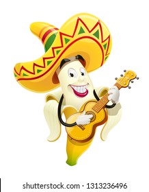 Ripe banana  Tropical fruit. Cinco de Mayo Mexico holiday. Smiling Cartoon character play music. Isolated white background. Eps10 vector illustration.