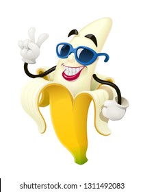 Ripe banana. Tropical purified fruit. Natural organic product. Healthy food. Summer meal. Smiling Cartoon character in sunglasses show victory gesture. Isolated white background. Eps10 illustration.