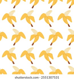 Ripe bananas, seamless pattern. Yellow tropical fruit repeating backdrop. Vector illustration isolated on white background