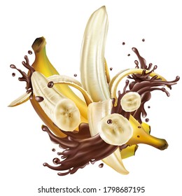 Ripe bananas and splashes of liquid chocolate.