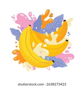 Ripe bananas are surrounded by splashes of creamy yogurt and colorful leaves, creating a vibrant and refreshing scene that evokes a sense of health and deliciousness