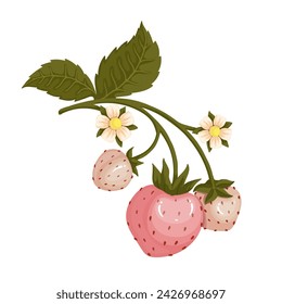 Reife Beeren einer blühenden Erdbeere. Vektorgrafik.