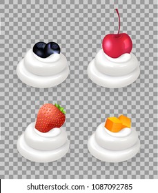 Ripe berries with fruit cubes on top of whipped cream. Healthy blueberry, sweet cherry, juicy strawberry and papaya pieces vector illustrations set.