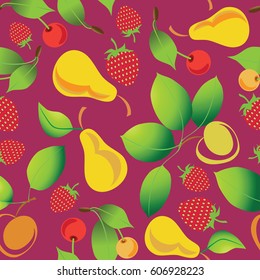Ripe berries and fruits. Seamless pattern on maroon background. Design for textile, background theme site, poster. Design for food industry, farm products,  concept for the packaging.