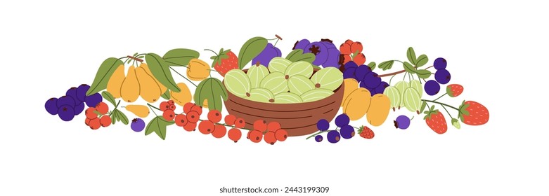 Ripe berries, gooseberry in basket composition. Branches with leaves of garden strawberry, red currant, blueberry, raspberry, blackcurrant on still life. Flat isolated vector illustration on white