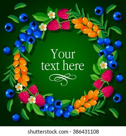 ripe berries ornamental frame. Mix berry on green background