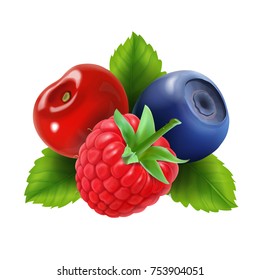 Bayas maduras. Frambuesa, arándanos y cereza icono. Ilustración vectorial