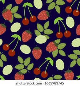 Reifenbeeren nahtloses Muster. Sommergarten: Erdbeeren, Stachelbeeren, Kirschen. Fruchtdruck.
