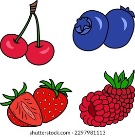 Ripe Berries Set. Vector Illustration of Colorful Cherries, Strawberries, Raspberries, and Blueberries