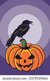 Ripe big orange pumpkin with carved face and crow, Halloween themed illustration.