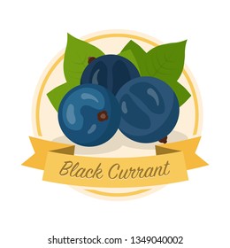 Ripe black currant with name vector illustration. Organic jam tag. Eco juice circle sticker. Berry flavoured product label. Summer seasonal harvest. Farming, agriculture. Raw fruit cartoon clipart