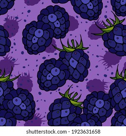 Ripe blackberry seamless background. Hand-drawn graphics. Cute hand drawn printable berry. Vector.