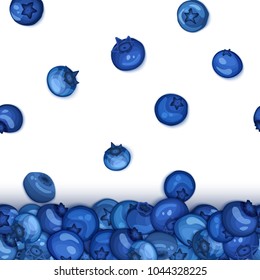 Ripe blueberry falling fruit horizontal seamless borders. Vector illustration card Fly blue berry for design of food packaging juice breakfast, cosmetics, tea, detox diet