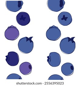 Conjunto de borde sin fisuras Horizontal de fruta caída de arándanos maduros. Tarjeta de Ilustración vectorial Fly baya azul para el diseño de jugo de envasado de alimentos desayuno, cosméticos, té, dieta de desintoxicación
