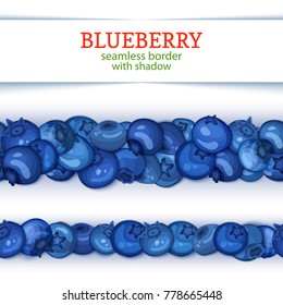 Ripe blueberry fruit horizontal seamless borders. Vector illustration card Wide and narrow endless strip with bilberry berries for design of food packaging juice breakfast, cosmetics, tea, detox diet