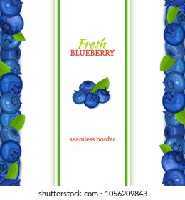 Ripe blueberry fruit vertical seamless borders. Vector card illustration. Endless strip with blue berry for design of food packaging juice breakfast, cosmetics, tea, detox diet