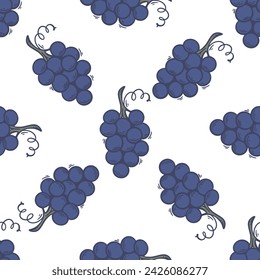 Ripe branches of blue grapes background. Seamless pattern wine material. Berry repeat ornament. Grape print for textiles, packaging, design, vector illustration