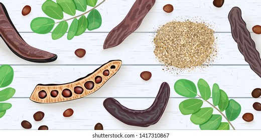 Ripe Carob branches, seeds, sweet pods, powder, leaves on on white wooden shabby desk. vector illustration. for decoration, bakery, organic healthy food, caffeine free, locust bean gum, . For textile