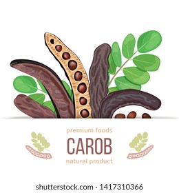 Ripe Carob label. branch with sweet pods, leaves on white background. vector illustration. for food decoration, bakery, organic healthy food, caffeine free, locust bean gum, gelling, textile, print