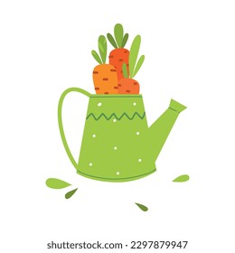 Ripe Carrot Vegetable in Green Watering Can as Seasonal Harvesting and Yield Vector Illustration