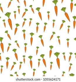 Ripe carrots seamless pattern. Different sizes orange carrots with green leaves flat vector on white background. Root vegetable cartoon illustration for wrapping paper, prints on fabric, greeting card