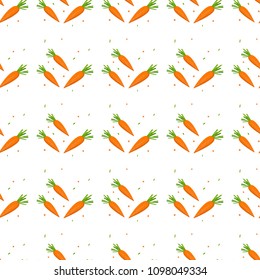 Ripe carrots seamless pattern. Different sizes orange carrots with green leaves flat vector on white background. Root vegetable cartoon illustration for wrapping paper, prints on fabric, greeting card