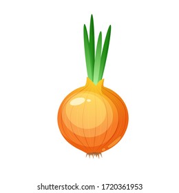 Ripe cartoon onion with green sprouts, fresh and healthy food, vector icon.