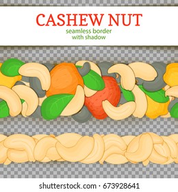 Ripe cashew nut horizontal seamless borders . Vector illustration card Wide and narrow endless strip with cashew nuts fruits and leaves for design of breakfast, healthy eating, detox, cosmetics