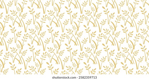 Ripe cereal ears seamless pattern. Harvest of barley, millet, wheat background. Silhouette of golden ears, print for textile, packaging, design. Vector graphics