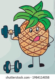 ripe and cheerful pineapple with lifting dumbbells