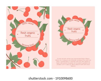 Ripe cherries card design. Sweet fresh cherry berry on branch with leaves vector hand drawn banner concept. Bright tasty berries. Juice or jam poster template.