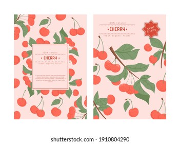 Ripe cherries card design. Sweet fresh cherry berry on branch with leaves vector hand drawn banner concept. Bright tasty berries. Juice or jam poster template.