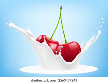 Ripe cherries are falling in splash of yogurt or milk, cocktail splash with drops, Milkshake splash with ripe red cherry berry. Realistic 3d vector illustration