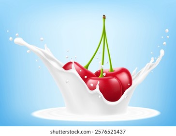 Ripe cherries are falling in splash of yogurt or milk, cocktail splash with drops, Milkshake splash with ripe red cherry berry. Realistic 3d vector illustration