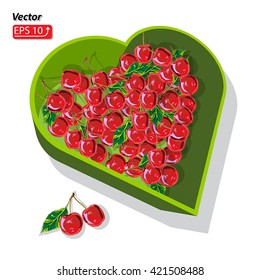 Ripe cherries in the green box in heart shape, isolated on white background vector illustration